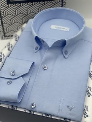 Klasik Uzun Kol Pamuklu Yaka Düğmeli Hediye Kutulu Kolay Ütülenebilir Erkek Gömlek FS-003897 - Mavi
