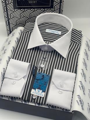 Klasik Uzun Kol Cepsiz Yaka Manşet Beyaz Hediye Kutulu Erkek Gömlek FS-004325 - Siyah Beyaz