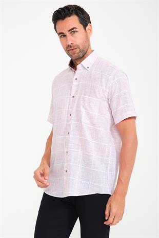 Klasik Kısa Kol Büyük Kare Flam Keten Düğmeli Yaka Hediye Kutulu Erkek Gömlek FS-000714 - Beyaz Bordo