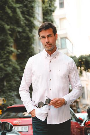 Slim Fit Uzun Kol Likralı Çizgili Yaka Düğmeli Hediye Kutulu Erkek Gömlek FS-003669 - Bej