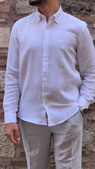 Slim Fit Uzun Kol Müslin Pamuk Rahat Nefes Alabilen Kumaştan Yaka Düğmeli Hediye Kutulu Erkek Gömlek FS-004202 - Beyaz