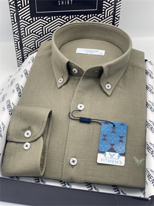 Slim Fit Uzun Kol Müslin Pamuk Rahat Nefes Alabilen Kumaştan Yaka Düğmeli Hediye Kutulu Erkek Gömlek FS-004202 - Haki