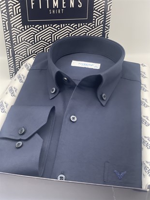 Klasik Uzun Kol Pamuklu Yaka Düğmeli Hediye Kutulu Kolay Ütülenebilir Erkek Gömlek FS-003897 - Lacivert
