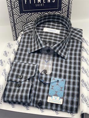 Klasik Uzun Kol Kışlık Kareli %100 Cotton Yaka Alttan Düğmeli Hediye Kutulu Erkek Gömlek FS-003129 - Lacivert