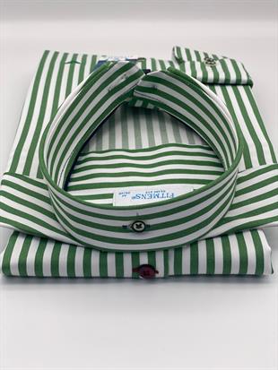 Slim Fit Uzun Kol Likralı Çizgili Yaka Düğmeli Hediye Kutulu Erkek Gömlek FS-003669 - Yeşil