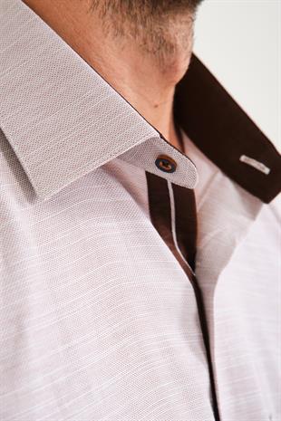 Klasik Kısa Kol V Flam Keten Hediye Kutulu Erkek Gömlek FS-001217 - Kahverengi