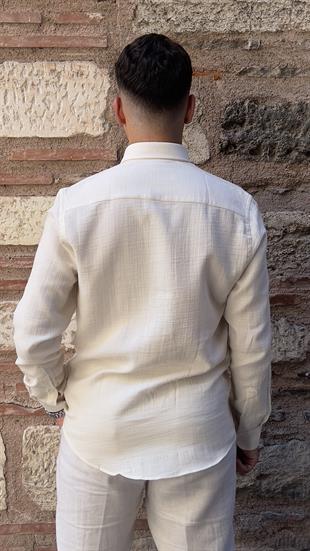 Slim Fit Uzun Kol Müslin Pamuk Rahat Nefes Alabilen Kumaştan Yaka Düğmeli Hediye Kutulu Erkek Gömlek FS-004202 - Krem