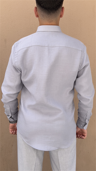Slim Fit Uzun Kol Müslin Pamuk Rahat Nefes Alabilen Kumaştan Yaka Düğmeli Hediye Kutulu Erkek Gömlek FS-004202 - Gri