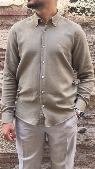 Slim Fit Uzun Kol Müslin Pamuk Rahat Nefes Alabilen Kumaştan Yaka Düğmeli Hediye Kutulu Erkek Gömlek FS-004202 - Haki
