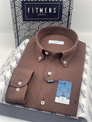 Slim Fit Uzun Kol Müslin Pamuk Rahat Nefes Alabilen Kumaştan Yaka Düğmeli Hediye Kutulu Erkek Gömlek FS-004202 - Kahverengi