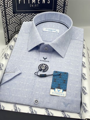Klasik Kısa Kol Keten Cotton Nefes Alan Kumaş Hediye Kutulu Erkek Gömlek FS-004570 - Mavi