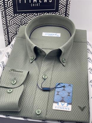 Slim Fit Uzun Kol Baklava Desen Kol Nakışlı Yaka Düğmeli Hediye Kutulu Şık Erkek Gömlek FS-004200 - Yeşil