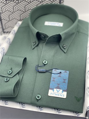 Slim Fit Uzun Kol Pamuklu Hediye Kutulu Kolay Ütülenebilir Erkek Gömlek FS-002225 - Koyu Yeşil
