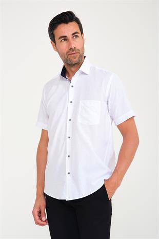 Klasik Kısa Kol Açık Zemin Kutu Desen Keten Cotton Hediye Kutulu Erkek Gömlek FS-000745 - Beyaz Lacivert