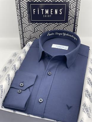 Slim Fit Uzun Kol Ömür Boyu Yakandayım Nakışlı Hediye Kutulu Erkek Gömlek FS-001376 - Lacivert