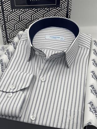 Klasik Uzun Kol Çizgili Hediye Kutulu Erkek Gömlek FS-003864 - Beyaz Lacivert