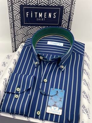 Klasik Geniş Kesim Uzun Kol Elegance Çizgili Yaka Düğmeli Hediye Kutulu Erkek Gömlek FS-004340 - Lacivert Yeşil