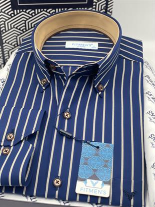 Klasik Geniş Kesim Uzun Kol Elegance Çizgili Yaka Düğmeli Hediye Kutulu Erkek Gömlek FS-004340 - Lacivert Hardal