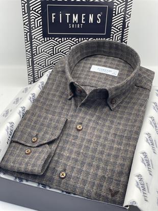 Klasik Uzun Kol Kışlık Ekoseli Yaka Düğmeli %100 Cotton Hediye Kutulu Erkek Gömlek FS-003767 - Kahverengi