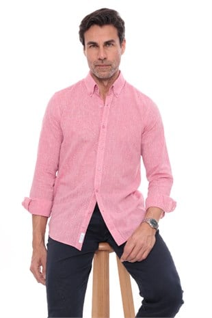 Slim Fit Uzun Kol Yaka Düğmeli Nefes Alan Keten Hediye Kutulu Erkek Gömlek FS-004548 - Yavruağzı