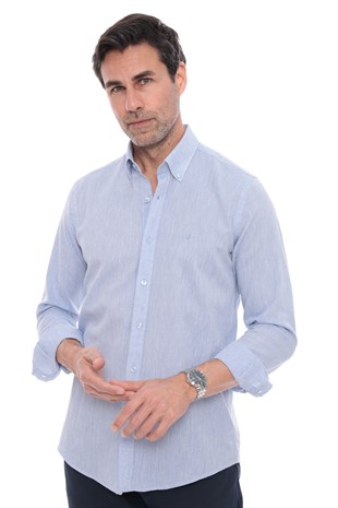 Slim Fit Uzun Kol Yaka Düğmeli Nefes Alan Keten Hediye Kutulu Erkek Gömlek FS-004548 - Mavi