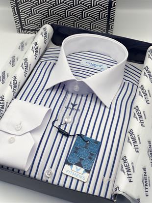 Klasik Uzun Kol Cepsiz Yaka Manşet Beyaz Hediye Kutulu Erkek Gömlek FS-004325 - Beyaz Saks Mavi