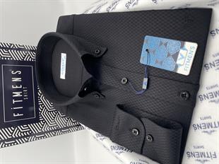 Slim Fit Uzun Kol Baklava Desen Kol Nakışlı Yaka Düğmeli Hediye Kutulu Şık Erkek Gömlek FS-004200 - Siyah