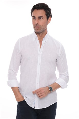 Slim Fit Uzun Kol Yaka Düğmeli Nefes Alan Keten Hediye Kutulu Erkek Gömlek FS-004548 - Beyaz