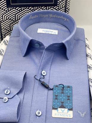 Slim Fit Uzun Kol Ömür Boyu Yakandayım Nakışlı Hediye Kutulu Erkek Gömlek FS-001376 - Saks Mavi