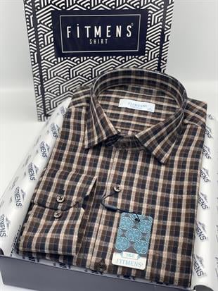 Klasik Uzun Kol Kışlık Ekoseli Oduncu Yaka Altı Düğmeli Pamuklu Hediye Kutulu Erkek Gömlek FS-001984 - Kahverengi