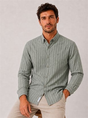 Slim Fit Uzun Kol Çizgili Cepsiz Keten Likra Hediye Kutulu Erkek Gömlek FS-004579 - Yeşil