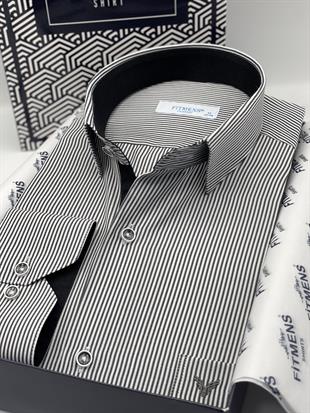 Klasik Uzun Kol İnce Çizgili Cepli Hediye Kutulu Erkek Gömlek FS-003317 - Beyaz Siyah