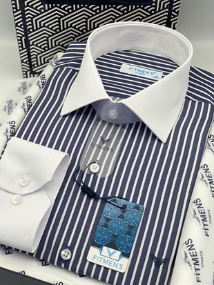 Klasik Uzun Kol Cepsiz Yaka Manşet Beyaz Hediye Kutulu Erkek Gömlek FS-004328 - Lacivert Beyaz