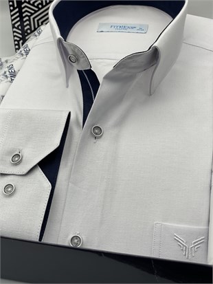 Klasik Uzun Kol Keten Cotton Hediye Kutulu Erkek Gömlek FS-001261 - Beyaz Lacivert