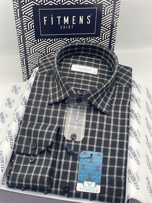 Klasik Uzun Kol Kışlık Kareli %100 Cotton Yaka Alttan Düğmeli Hediye Kutulu Erkek Gömlek FS-003129 - Siyah