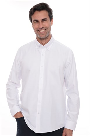 Slim Fit Uzun Kol Baklava Desen Kol Nakışlı Yaka Düğmeli Hediye Kutulu Şık Erkek Gömlek FS-004200 - Beyaz