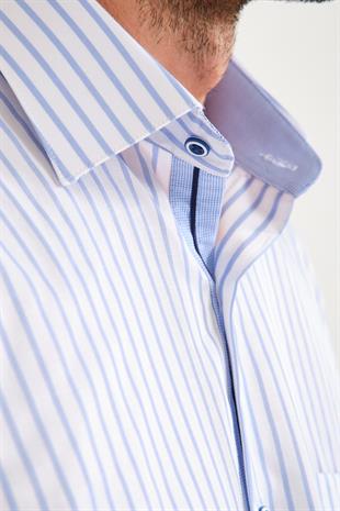 Klasik Kısa Kol Kalın Çizgili Hediye Kutulu Erkek Gömlek FS-000702 - Beyaz Açık Mavi