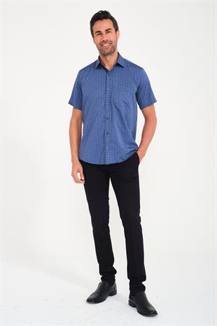 Klasik Kısa Kol Açık Zemin Kutu Desen Keten Cotton Hediye Kutulu Erkek Gömlek FS-000745 - Koyu Lacivert