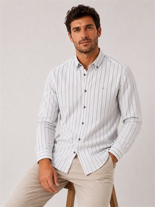 Slim Fit Uzun Kol Çizgili Cepsiz Keten Likra Hediye Kutulu Erkek Gömlek FS-004579 - Beyaz Siyah