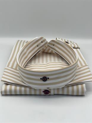 Slim Fit Uzun Kol Likralı Çizgili Yaka Düğmeli Hediye Kutulu Erkek Gömlek FS-003669 - Bej