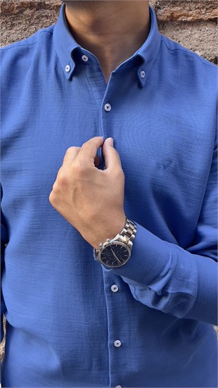 Slim Fit Uzun Kol Müslin Pamuk Rahat Nefes Alabilen Kumaştan Yaka Düğmeli Hediye Kutulu Erkek Gömlek FS-004202 - Saks Mavi