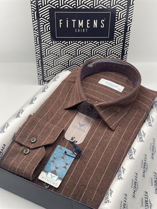 Klasik Uzun Kol Kışlık Çizgili Yaka Alttan Düğmeli Hediye Kutulu Erkek Gömlek FS-003363 - Turuncu