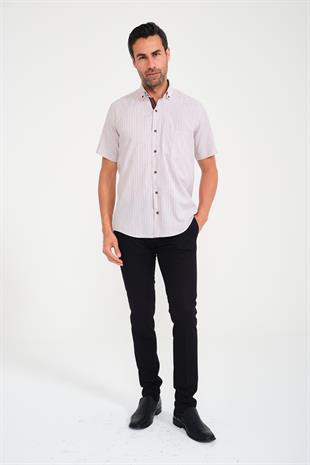 Klasik Kısa Kol Neon Kare Yaka Düğmeli Hediye Kutulu Erkek Gömlek FS-001221 - Bej