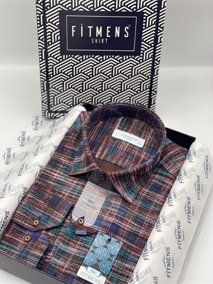 Klasik Uzun Kol Efektli Ekose Keten Cepsiz Yaka Alttan Düğmeli Erkek Hediye Kutulu Gömlek FS-003173 - Kahverengi