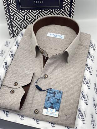 Klasik Uzun Kol Keten Cotton Hediye Kutulu Erkek Gömlek FS-001261 - Bej