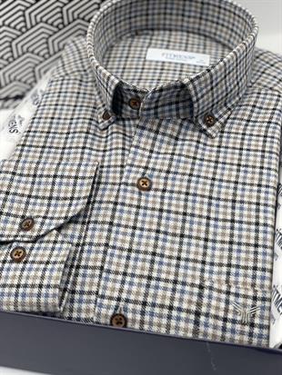 Klasik Uzun Kol Kışlık Ekoseli Yaka Düğmeli %100 Cotton Hediye Kutulu Erkek Gömlek FS-003765 - Bej