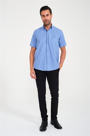 Klasik Kısa Kol Açık Zemin Kutu Desen Keten Cotton Hediye Kutulu Erkek Gömlek FS-000745 - İndigo