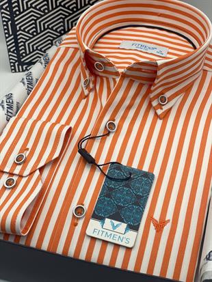 Slim Fit Uzun Kol Likralı Çizgili Yaka Düğmeli Hediye Kutulu Erkek Gömlek FS-003669 - Turuncu