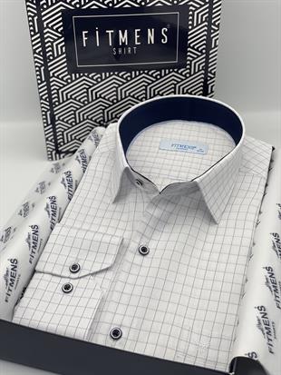 Klasik Uzun Kol Kare Çizgili Hediye Kutulu Erkek Gömlek FS-002153 - Beyaz