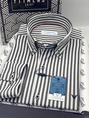 Slim Fit Uzun Kol Likralı Çizgili Yaka Düğmeli Hediye Kutulu Erkek Gömlek FS-003669 - Koyu Gri